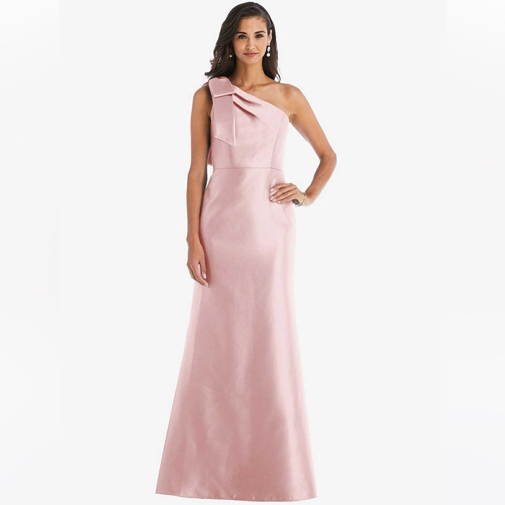 Dessy Group: BOW ONE-SHOULDER SATIN TRUMPET GOWN IN BALLET PINK